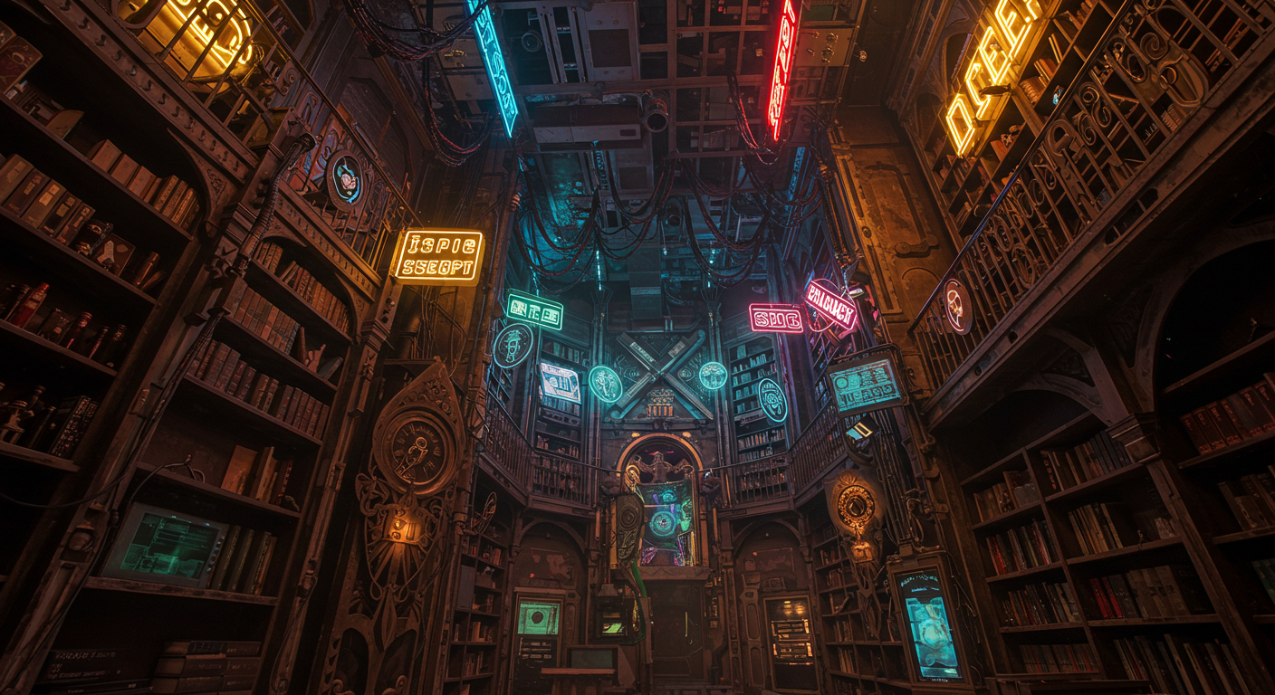 Neon wisdom pulses through archives